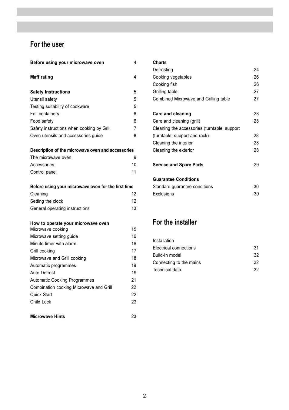 Cco on ntte en ntts s, For the user, For the installer | Electrolux EMS 2485 User Manual | Page 2 / 32