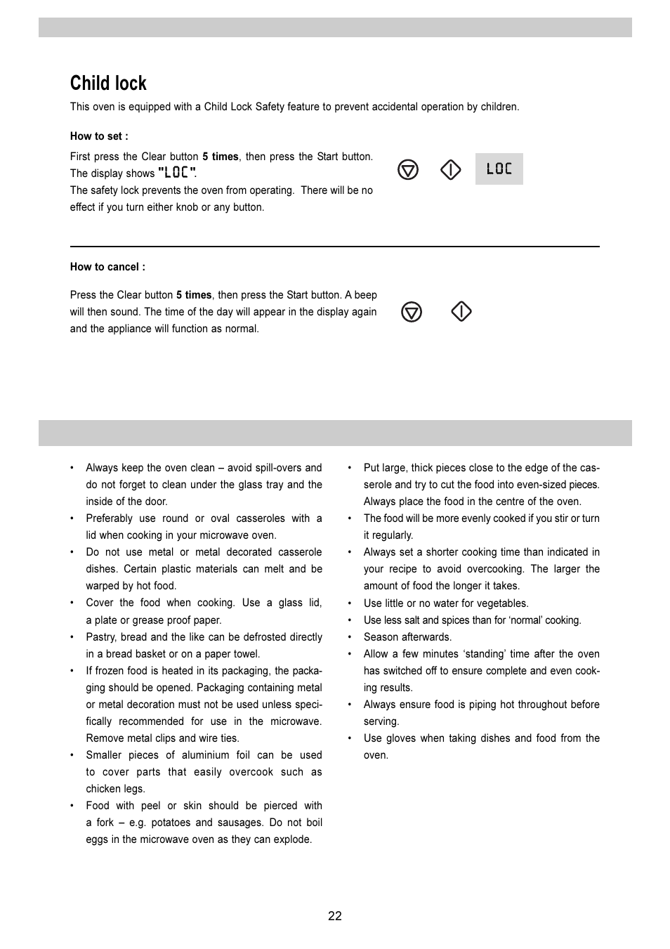 Child lock, Mmiic crro ow wa av ve e h hiin ntts s | Electrolux EMS 2485 User Manual | Page 22 / 32