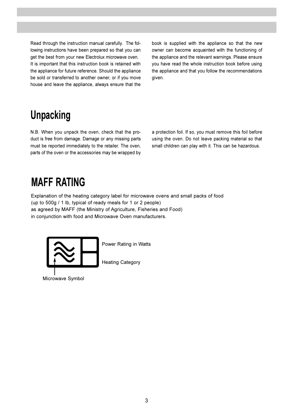 Unpacking, Maff rating | Electrolux EMS 2485 User Manual | Page 3 / 32