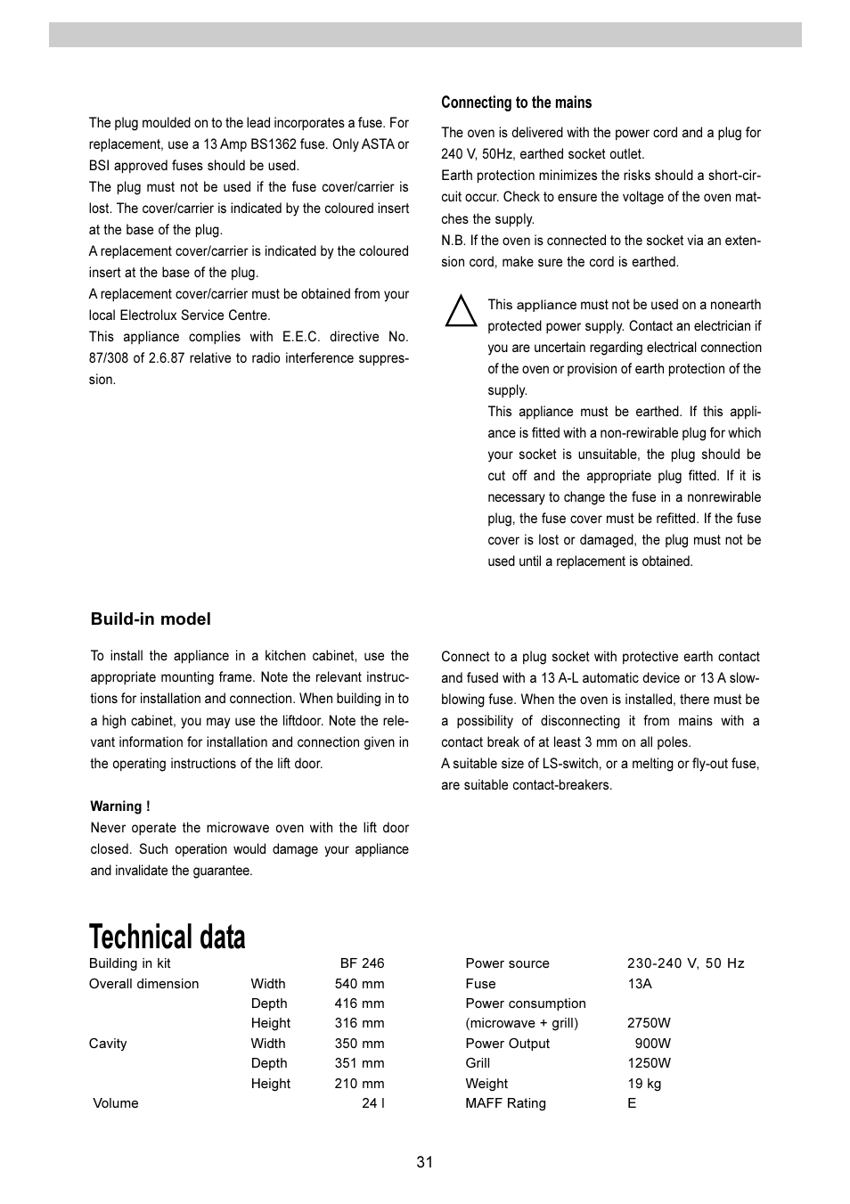 Technical data | Electrolux EMS 2485 User Manual | Page 31 / 32
