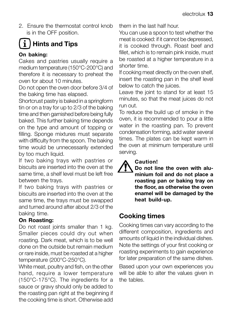Hints and tips, Cooking times | Electrolux EOB 51001 User Manual | Page 13 / 32