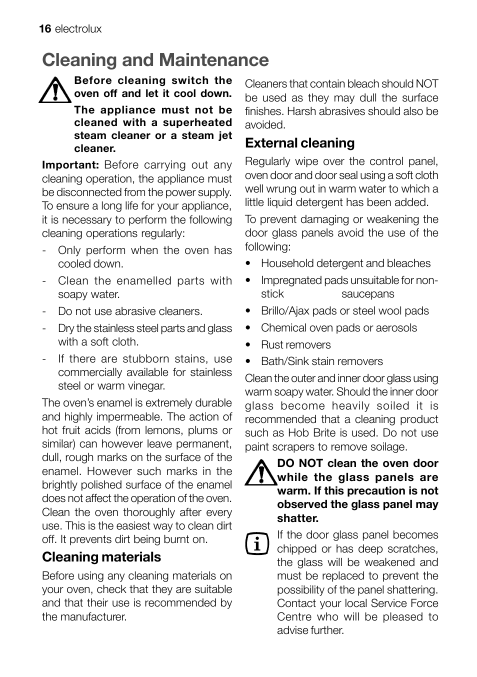 Cleaning and maintenance, Cleaning materials, External cleaning | Electrolux EOB 51001 User Manual | Page 16 / 32
