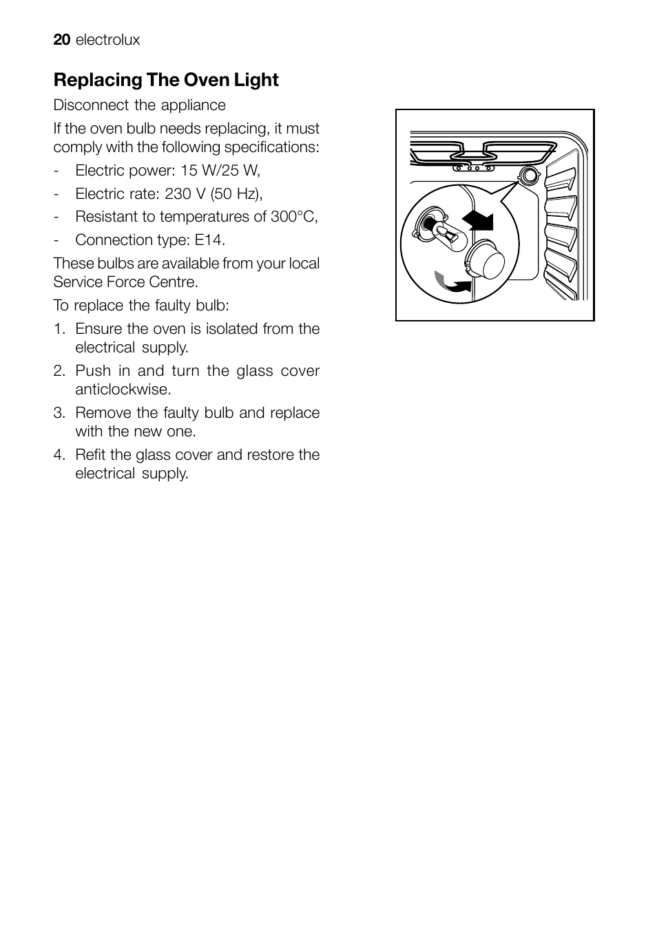 Replacing the oven light | Electrolux EOB 51001 User Manual | Page 20 / 32
