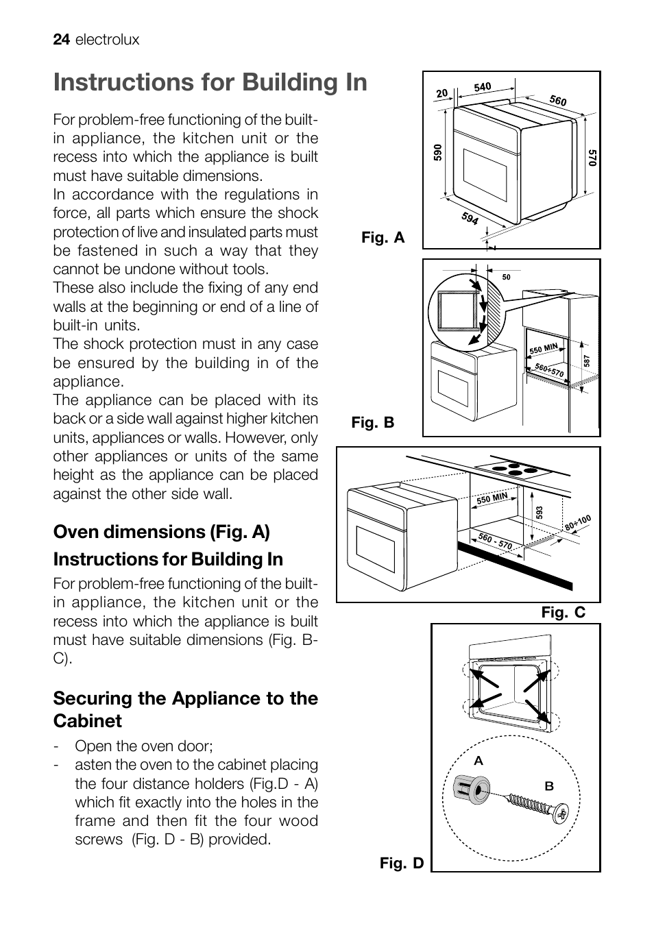 Instructions for building in, Securing the appliance to the cabinet | Electrolux EOB 51001 User Manual | Page 24 / 32