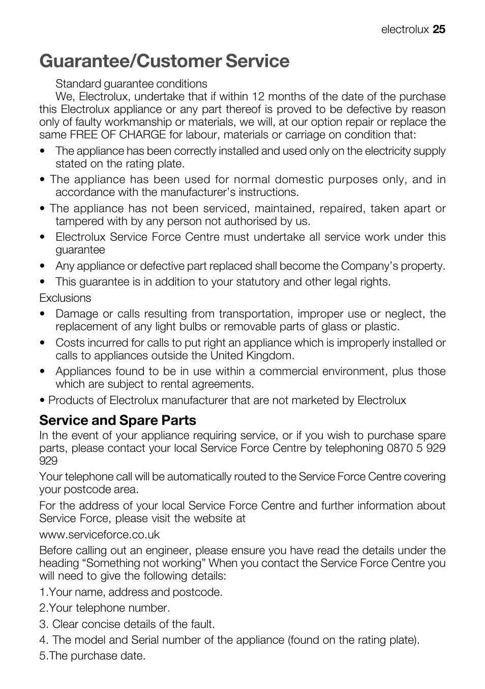 Guarantee/customer service, Service and spare parts | Electrolux EOB 51001 User Manual | Page 25 / 32