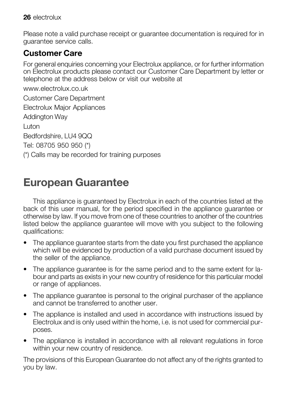 European guarantee, Customer care | Electrolux EOB 51001 User Manual | Page 26 / 32