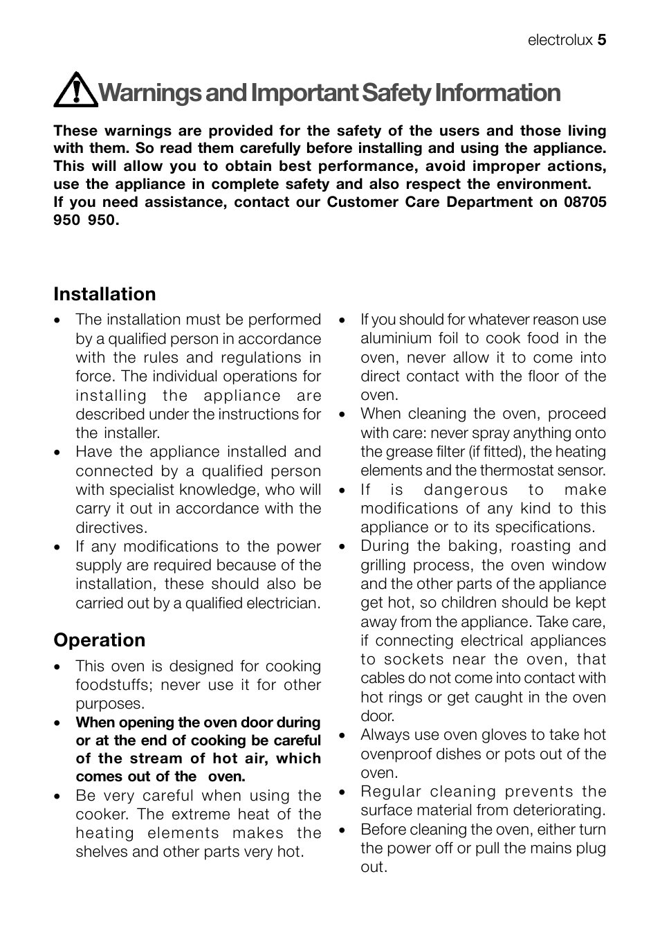 Warnings and important safety information, Installation, Operation | Electrolux EOB 51001 User Manual | Page 5 / 32