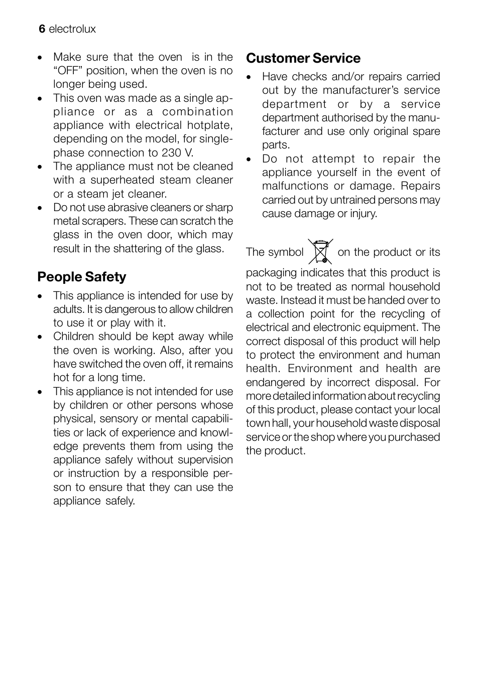People safety, Customer service | Electrolux EOB 51001 User Manual | Page 6 / 32
