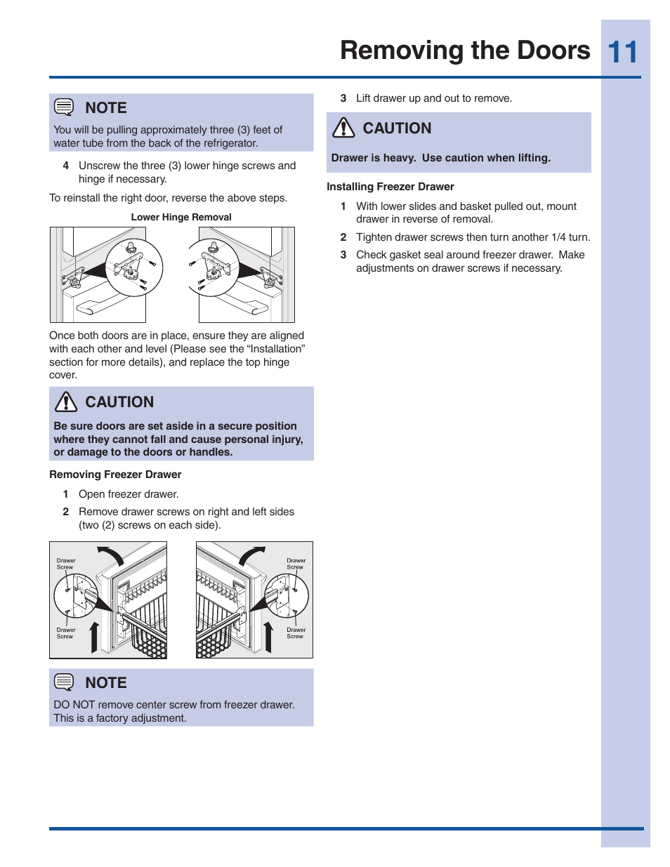 Removing the doors, Caution | Electrolux 241940002 User Manual | Page 11 / 37