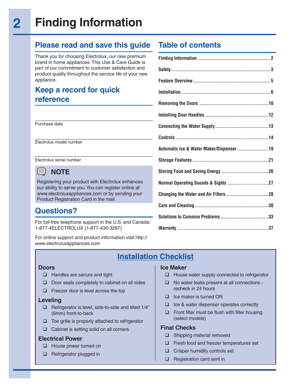 Finding information, Please read and save this guide, Keep a record for quick reference | Table of contents questions, Installation checklist | Electrolux 241940002 User Manual | Page 2 / 37