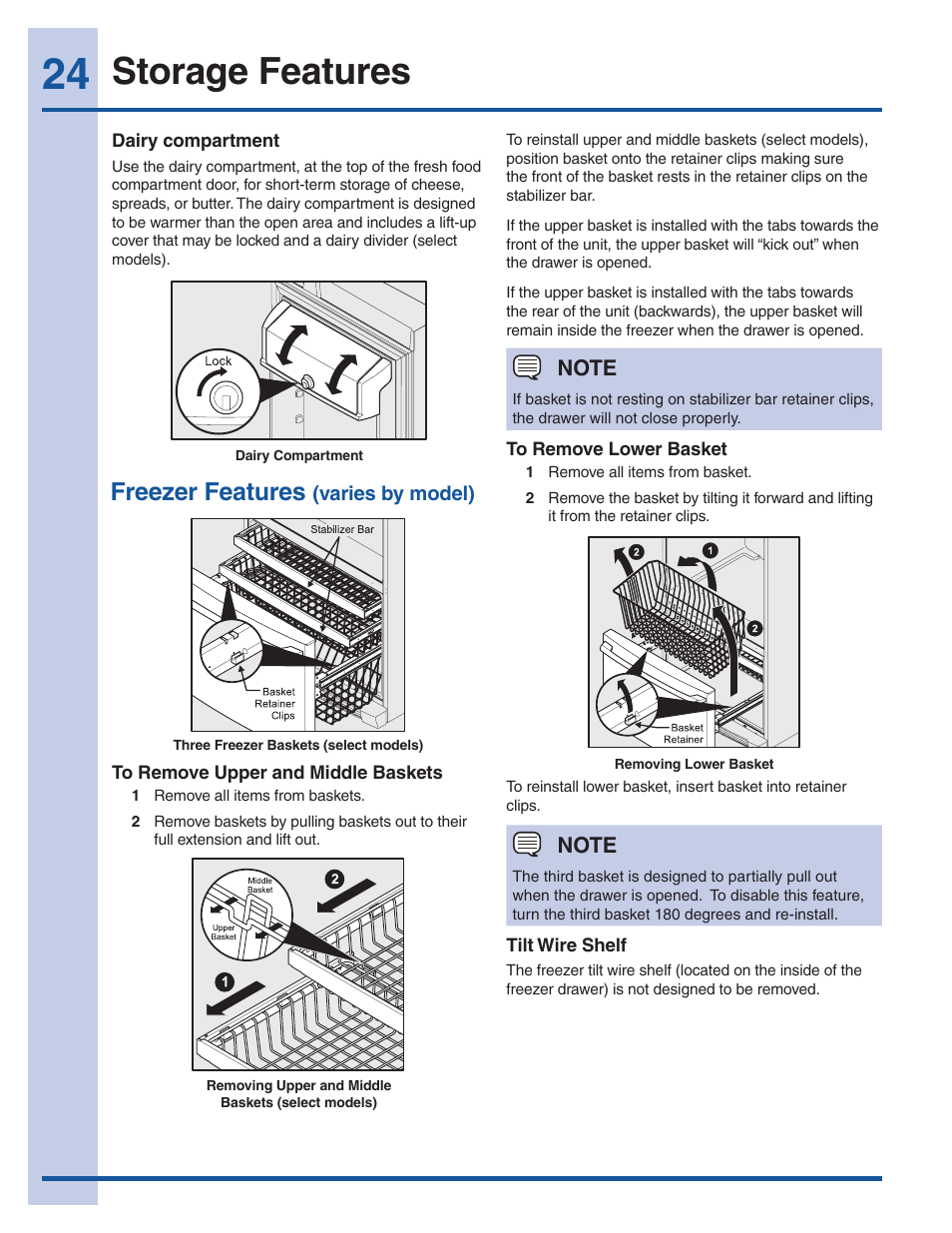 Storage features, Freezer features | Electrolux 241940002 User Manual | Page 24 / 37