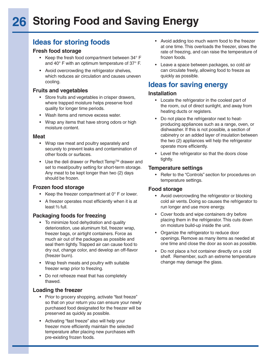 Storing food and saving energy, Ideas for storing foods, Ideas for saving energy | Electrolux 241940002 User Manual | Page 26 / 37