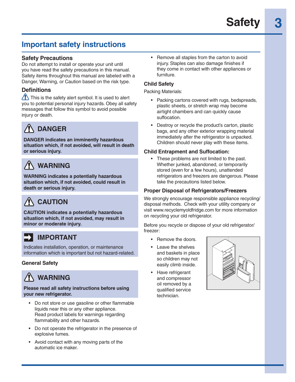 Safety, Important safety instructions, Warning | Important, Caution, Danger | Electrolux 241940002 User Manual | Page 3 / 37