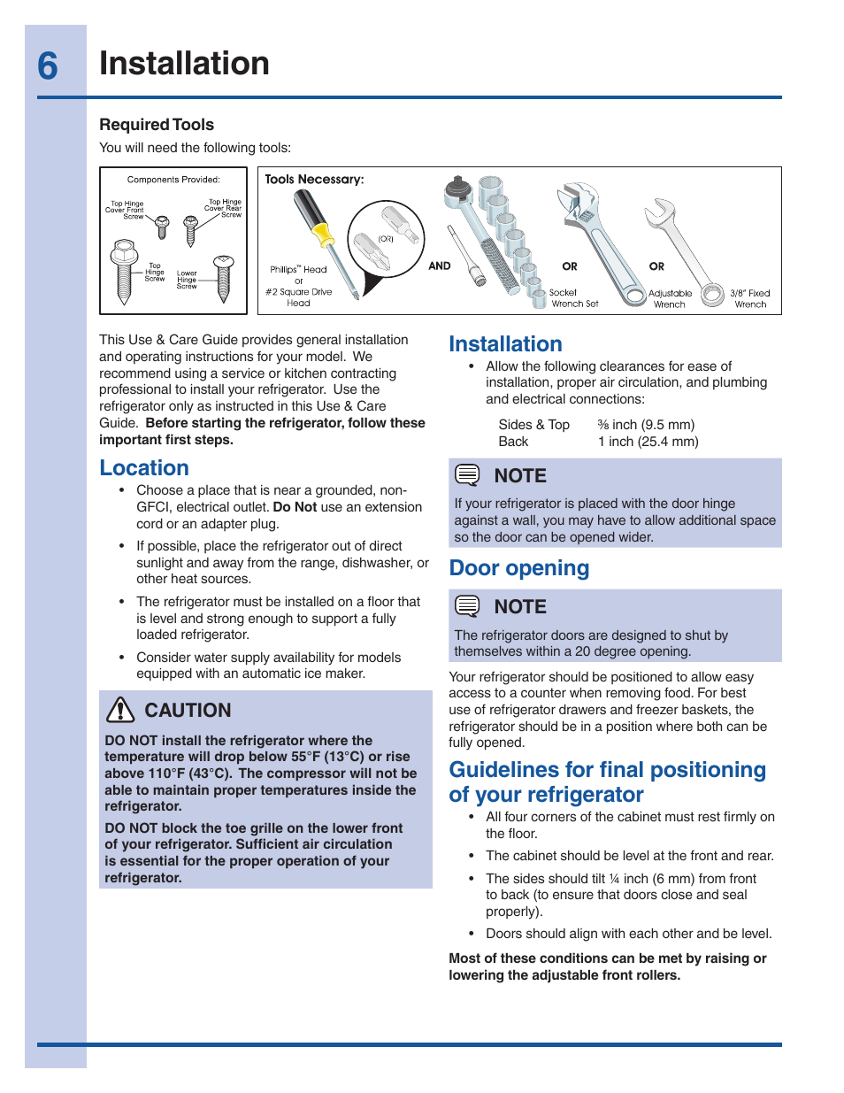 Location, Installation, Door opening | Electrolux 241940002 User Manual | Page 6 / 37