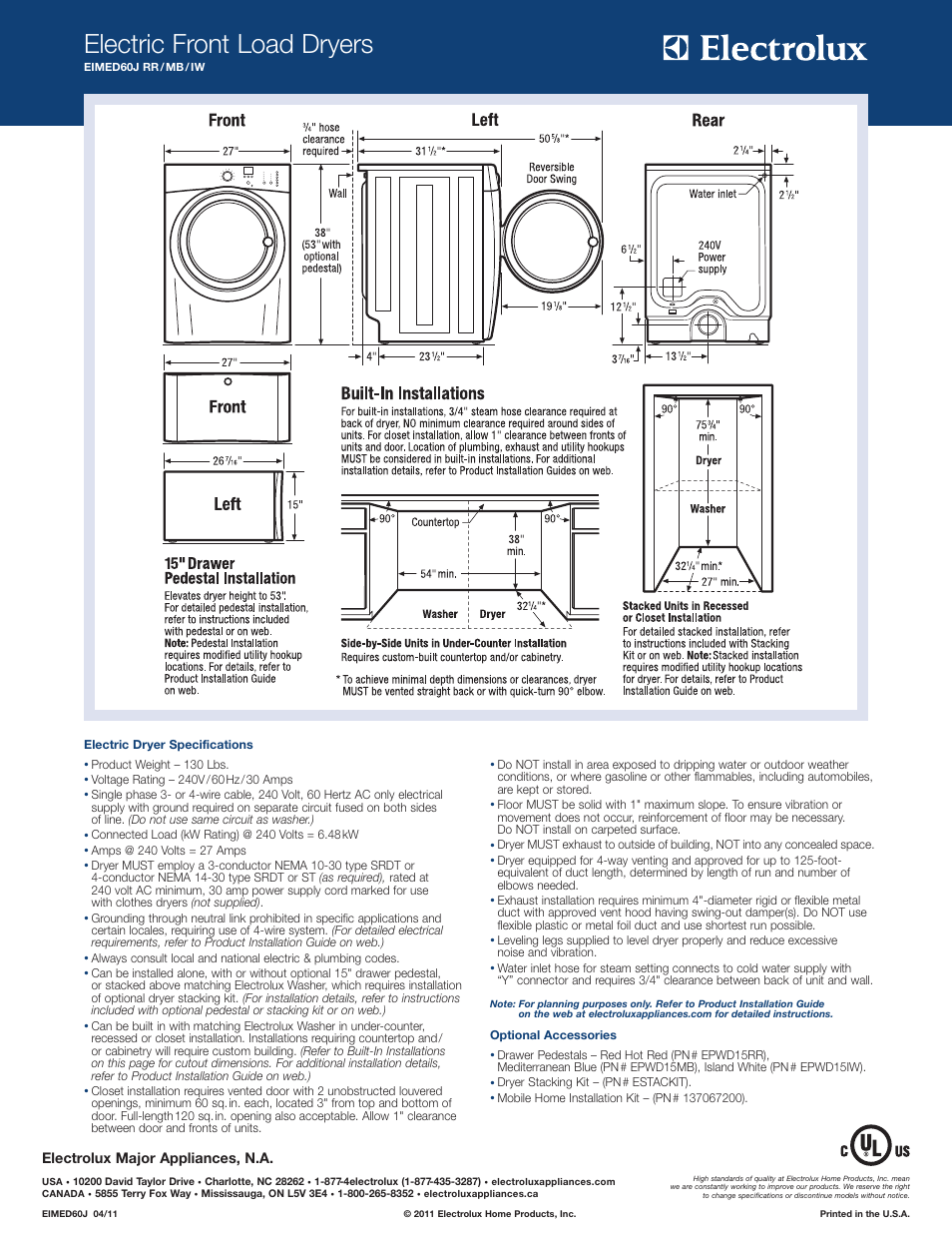 Electric front load dryers, Electrolux major appliances, n.a | Electrolux EIMED60J User Manual | Page 2 / 2