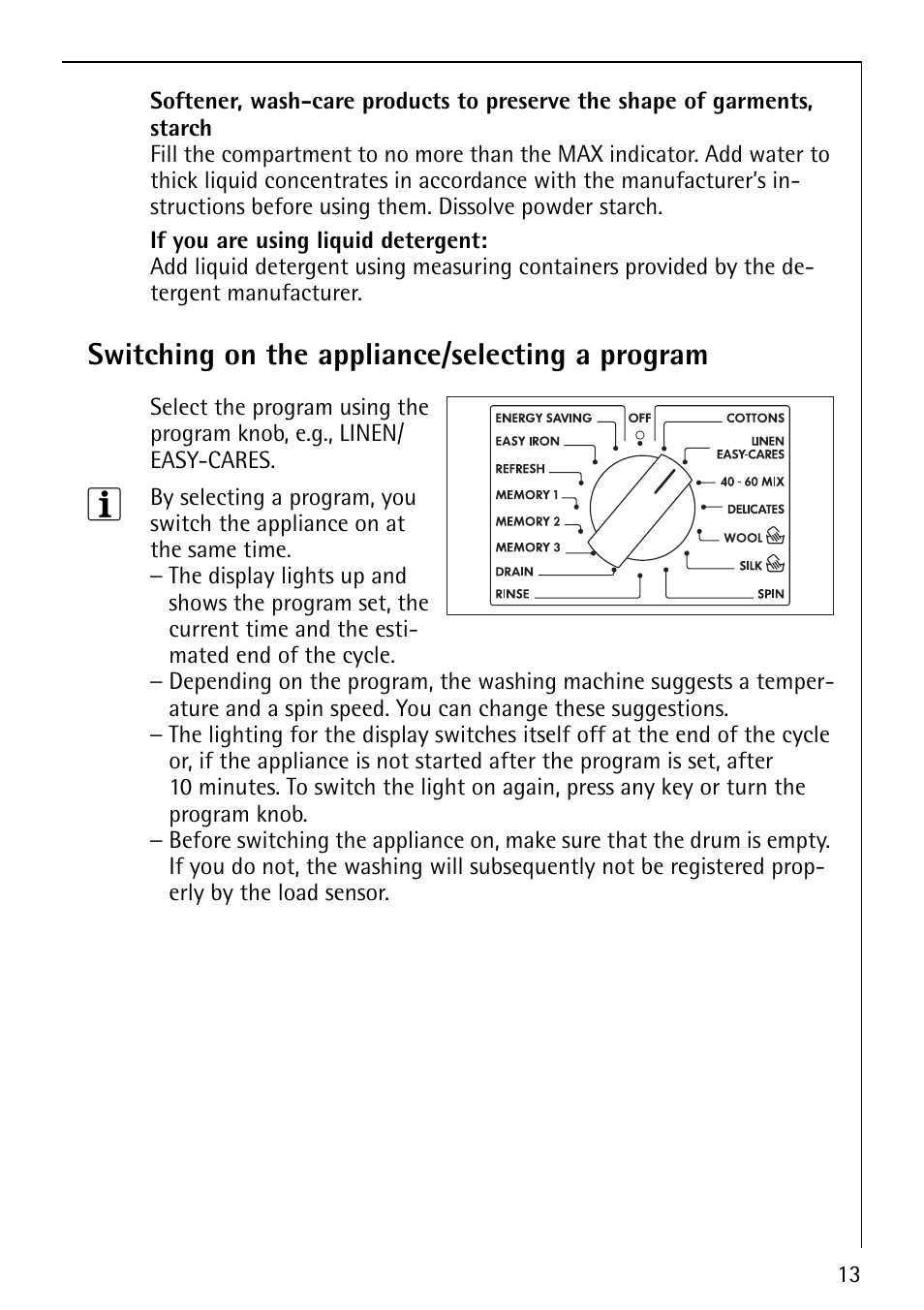 Switching on the appliance/selecting a program | Electrolux 88810 User Manual | Page 13 / 48