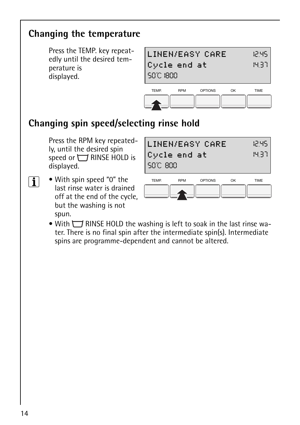 Changing the temperature, Changing spin speed/selecting rinse hold | Electrolux 88810 User Manual | Page 14 / 48