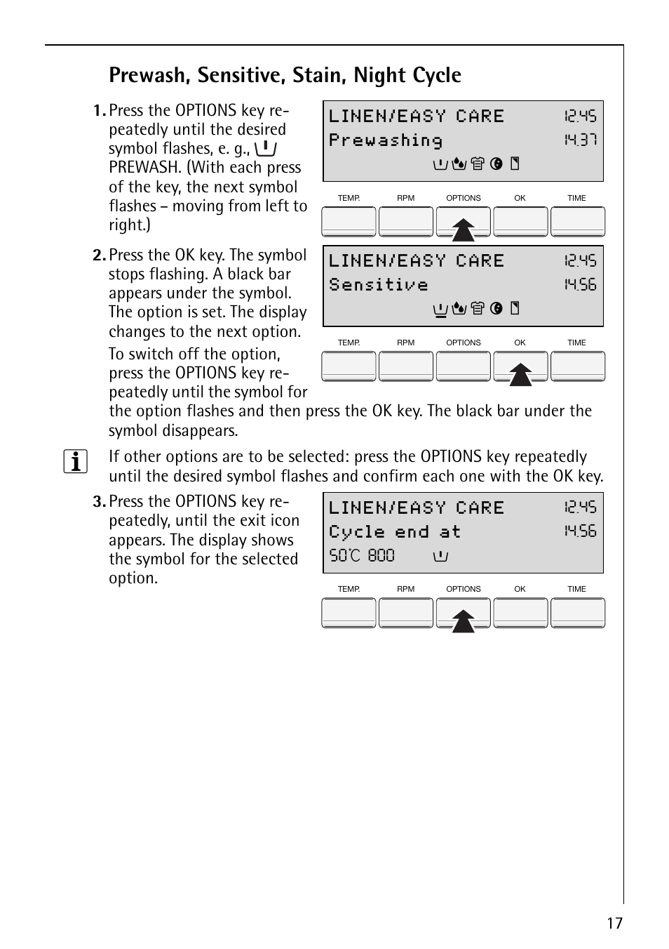 Prewash, sensitive, stain, night cycle | Electrolux 88810 User Manual | Page 17 / 48