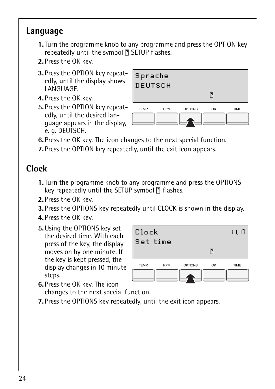 Language, Clock | Electrolux 88810 User Manual | Page 24 / 48