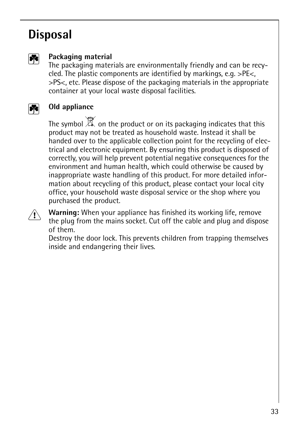 Disposal 2 | Electrolux 88810 User Manual | Page 33 / 48