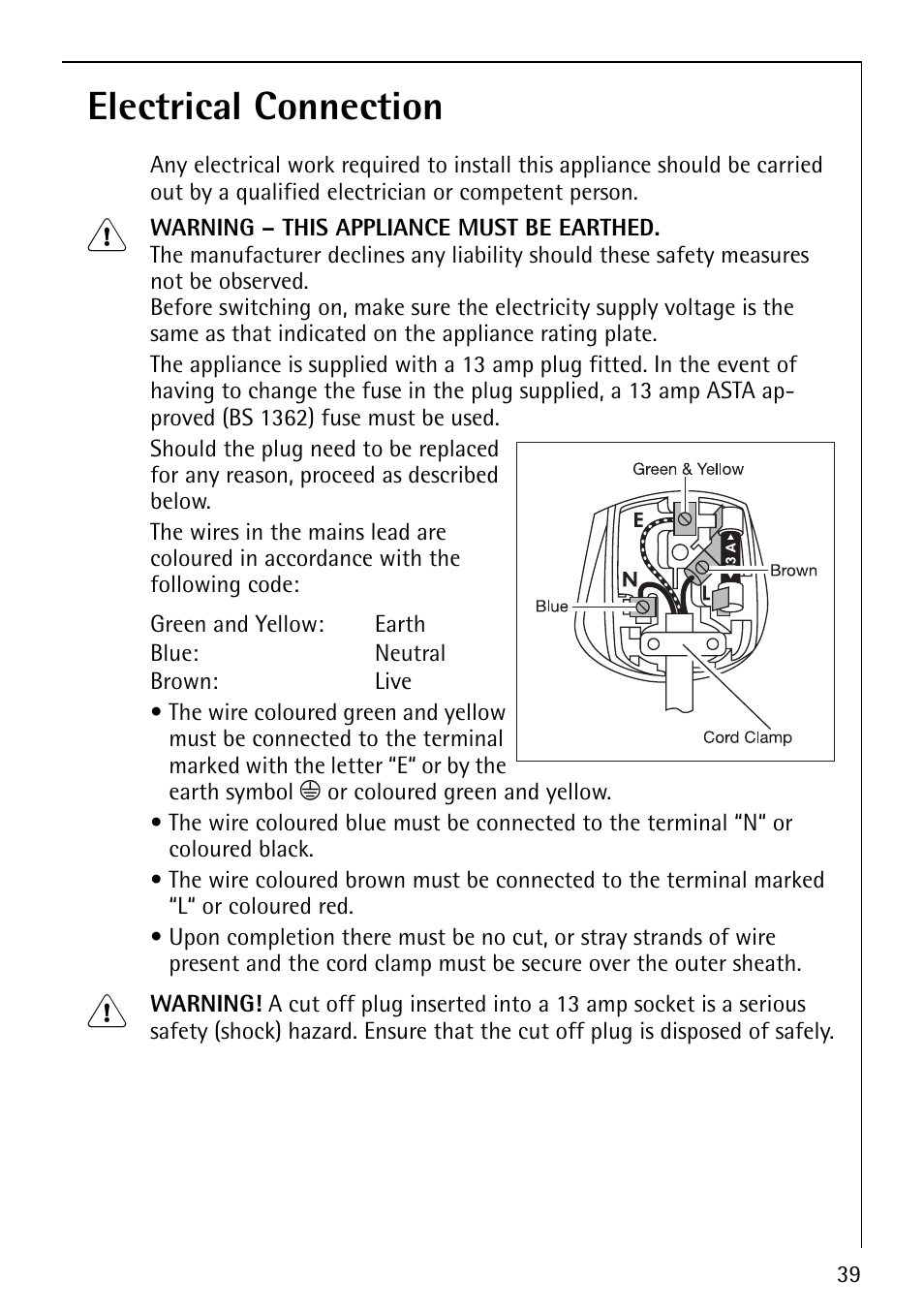 Electrical connection | Electrolux 88810 User Manual | Page 39 / 48