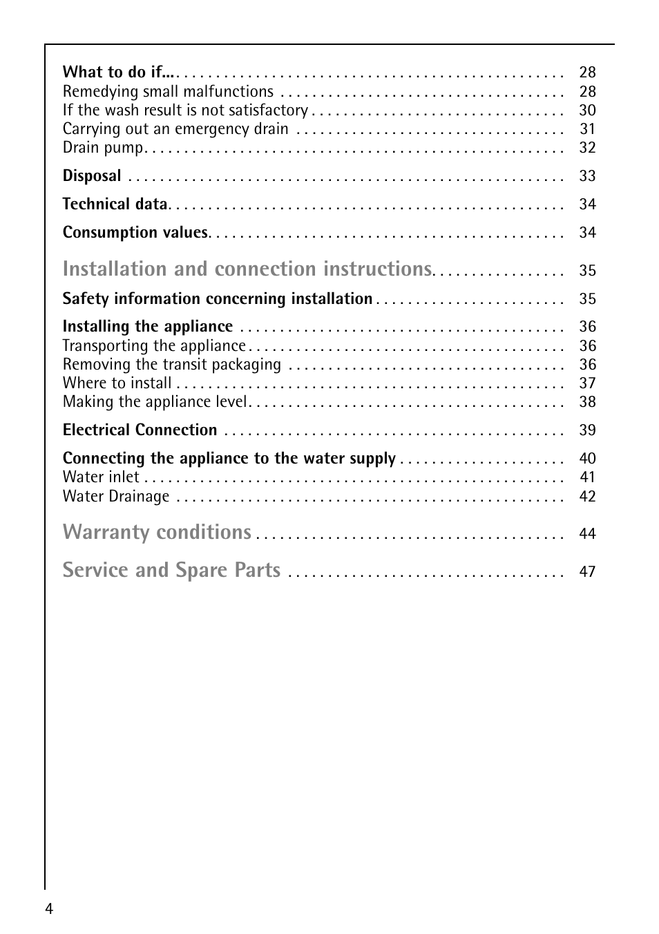 Installation and connection instructions, Warranty conditions, Service and spare parts | Electrolux 88810 User Manual | Page 4 / 48