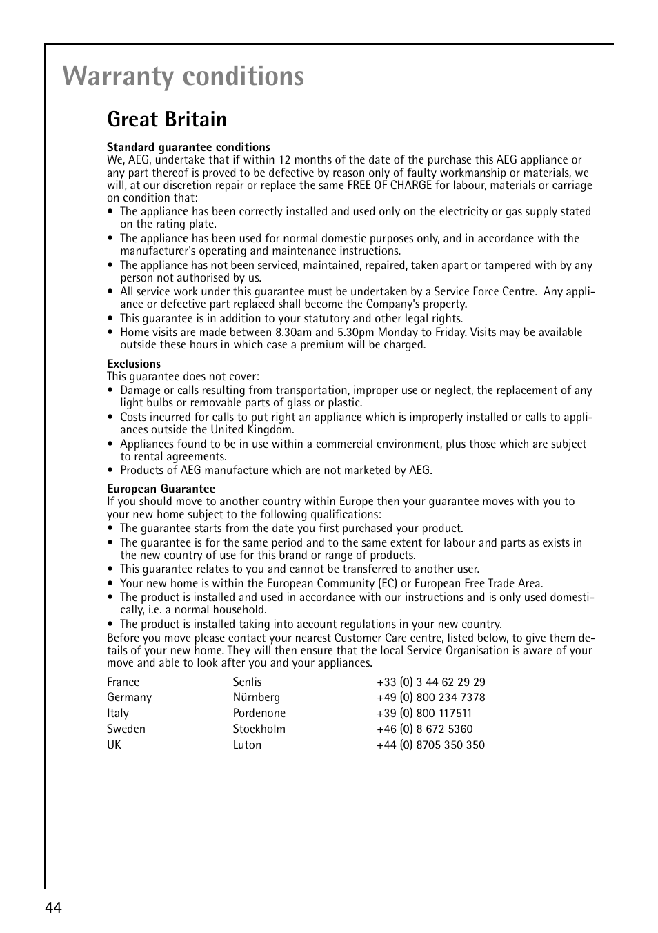 Warranty conditions, Great britain | Electrolux 88810 User Manual | Page 44 / 48