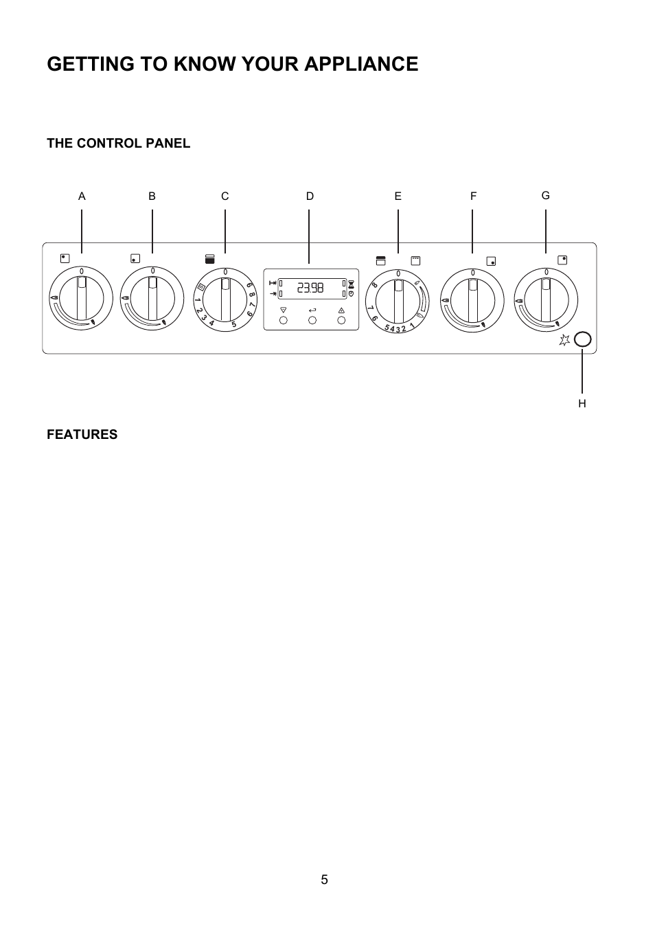 Getting to know your appliance, The control panel, Features | Electrolux U27498 EKG5547 User Manual | Page 5 / 40