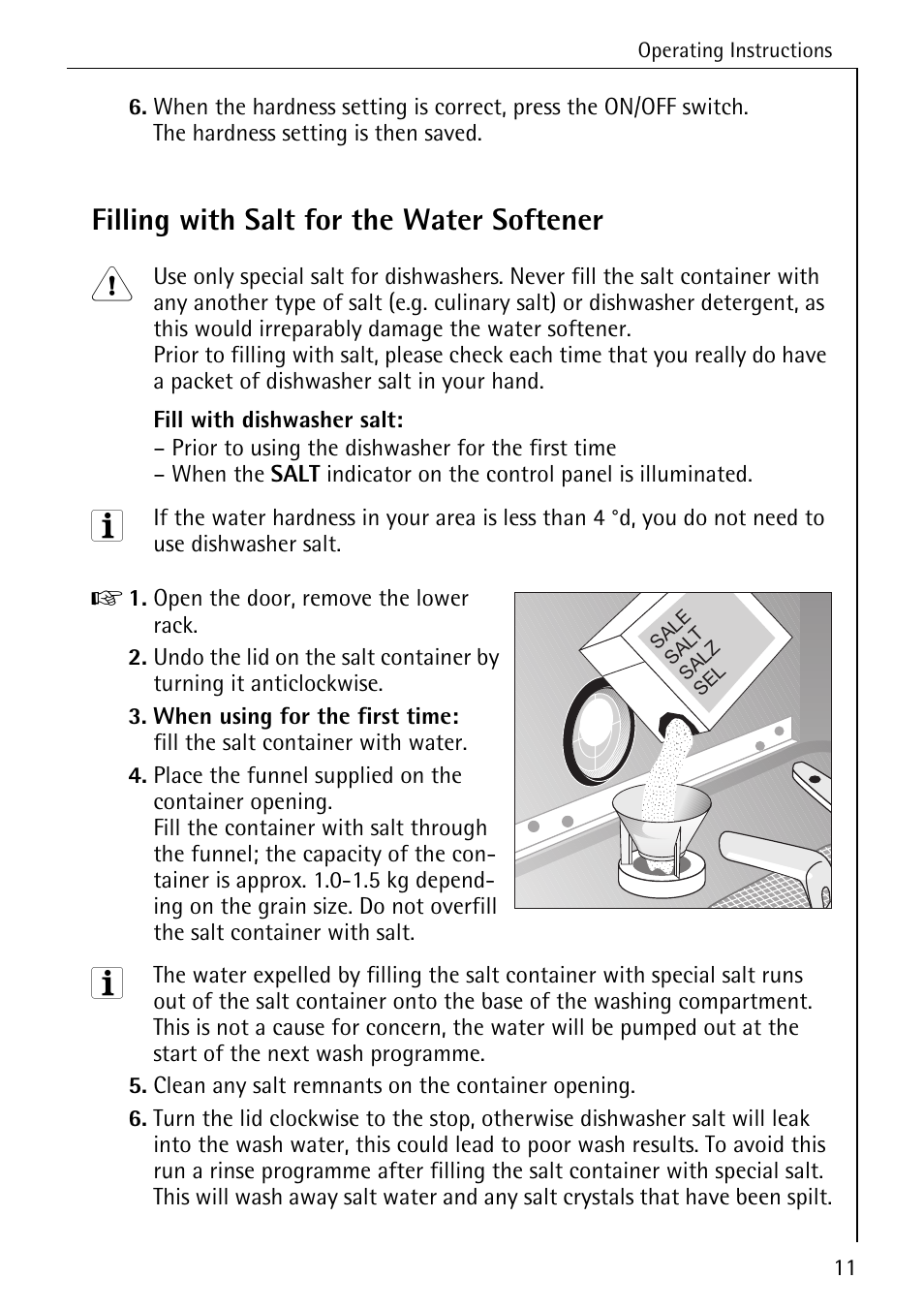Filling with salt for the water softener | Electrolux 50700 User Manual | Page 11 / 40