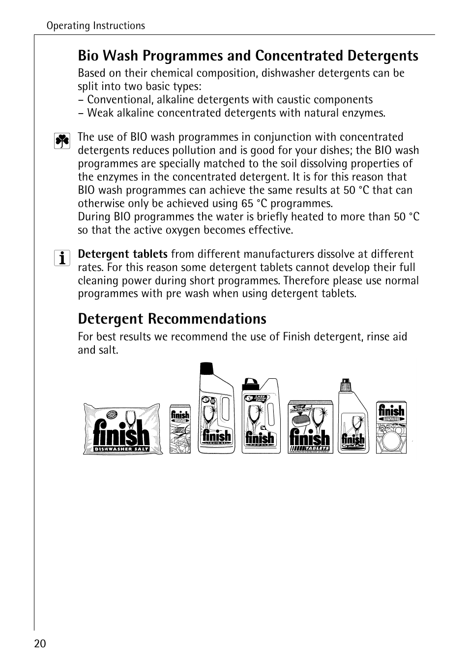 Bio wash programmes and concentrated detergents, Detergent recommendations | Electrolux 50700 User Manual | Page 20 / 40