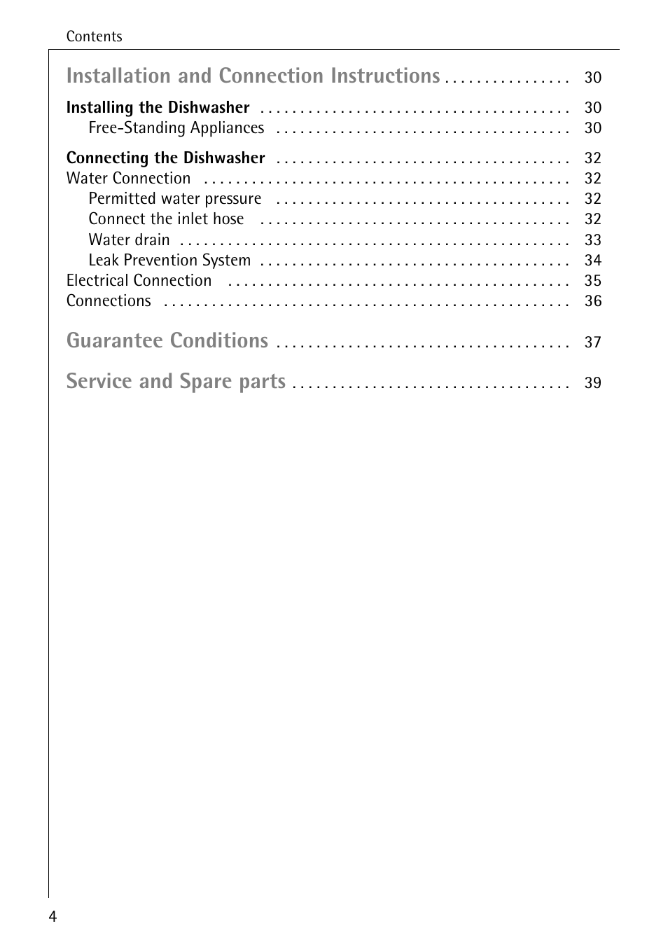 Installation and connection instructions, Guarantee conditions, Service and spare parts | Electrolux 50700 User Manual | Page 4 / 40