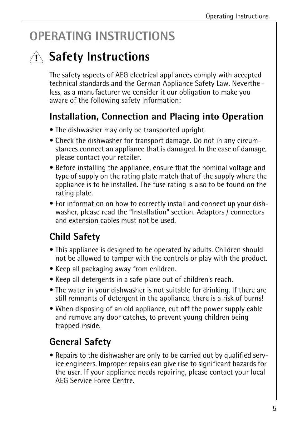 Operating instructions, Safety instructions, Child safety | General safety | Electrolux 50700 User Manual | Page 5 / 40