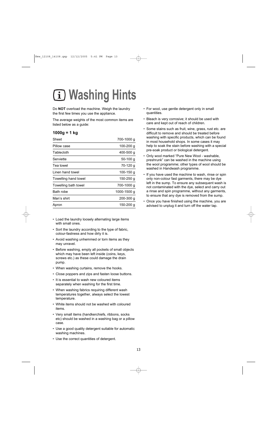 Washing hints | Electrolux U28190 User Manual | Page 13 / 29