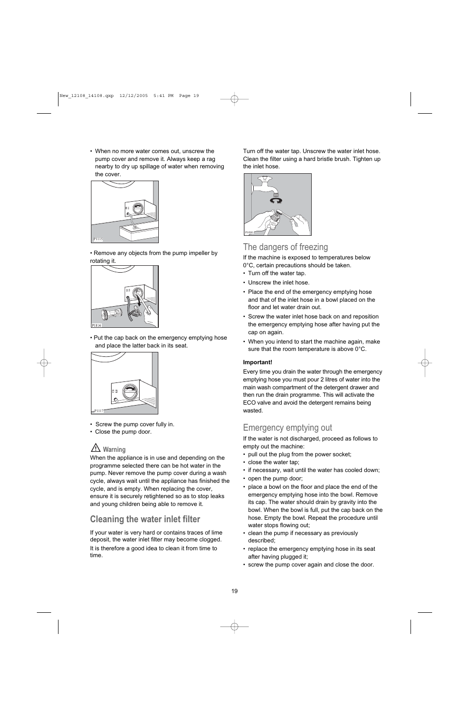 Cleaning the water inlet filter, The dangers of freezing, Emergency emptying out | Electrolux U28190 User Manual | Page 19 / 29