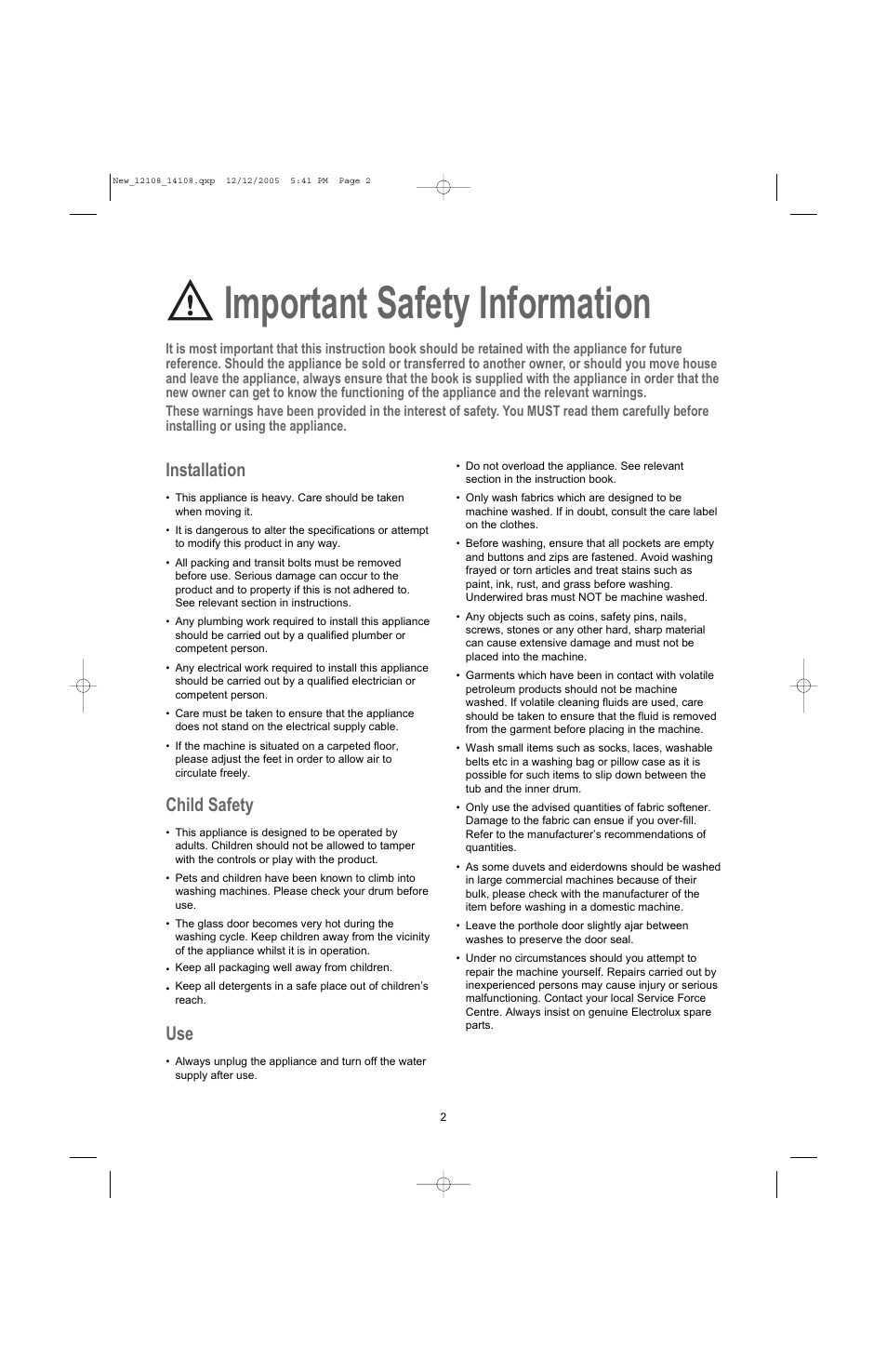 Important safety information, Installation, Child safety | Electrolux U28190 User Manual | Page 2 / 29