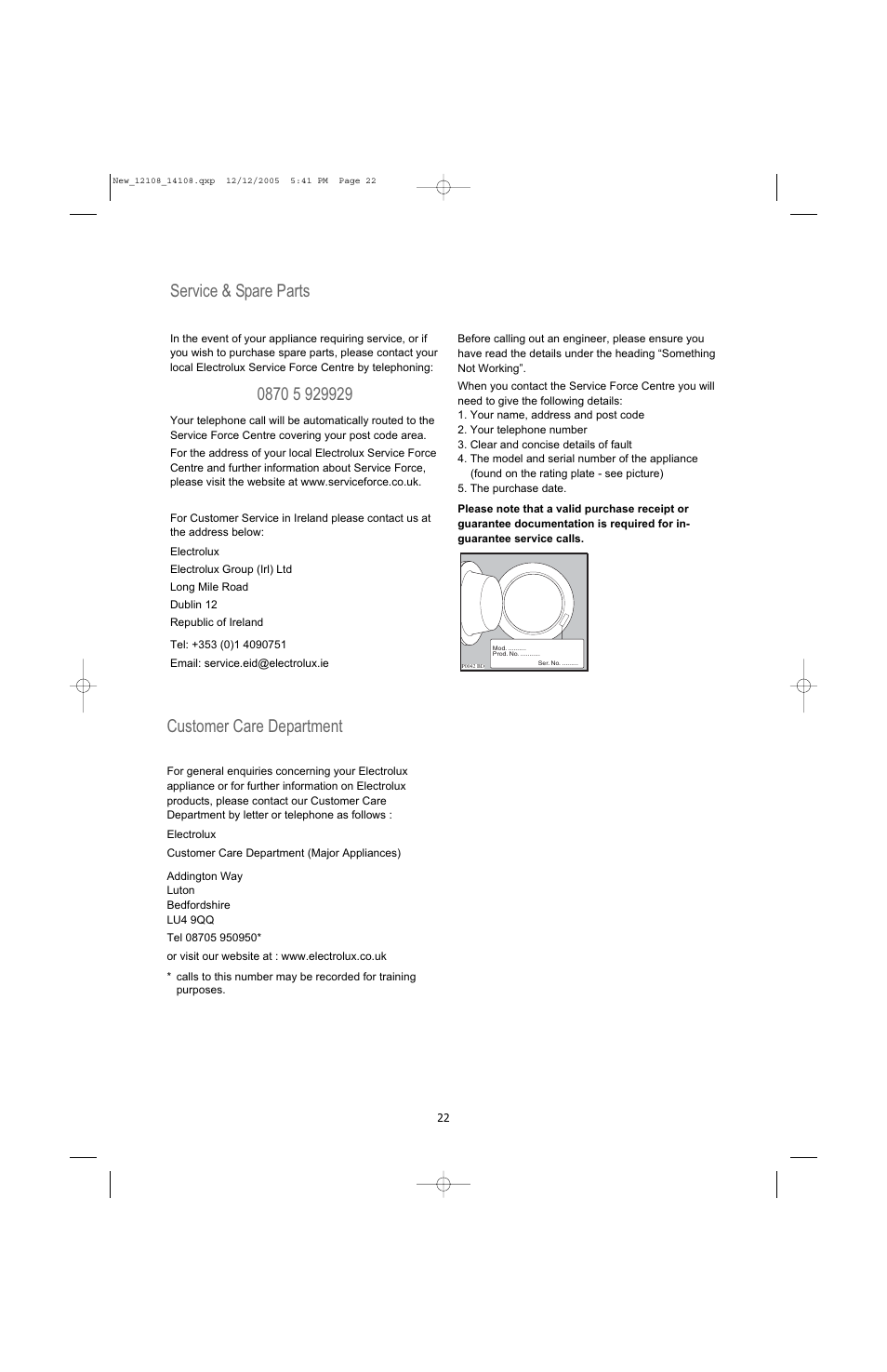 Customer care department, Service & spare parts | Electrolux U28190 User Manual | Page 22 / 29