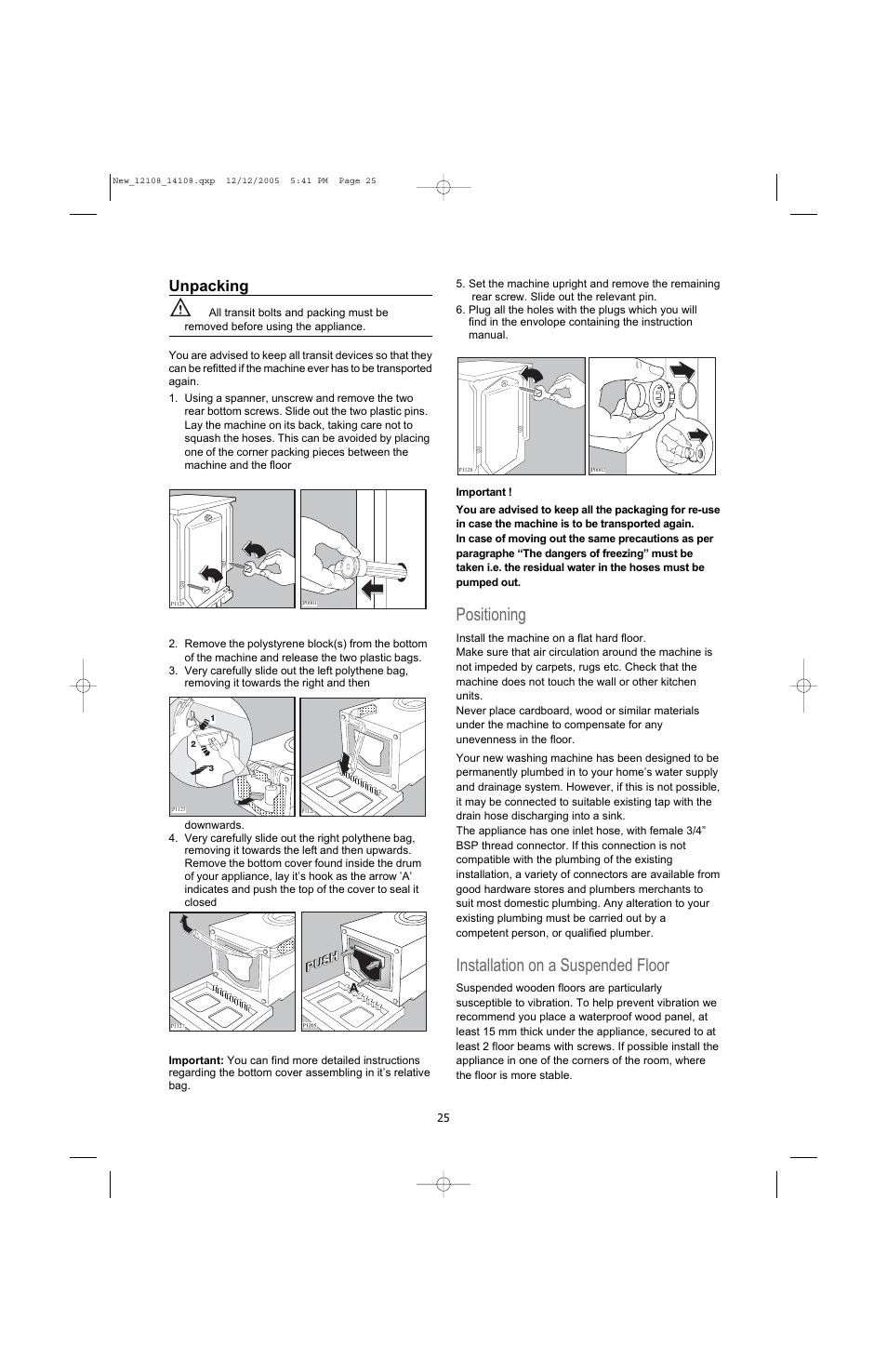 Positioning, Installation on a suspended floor, Unpacking | Electrolux U28190 User Manual | Page 25 / 29