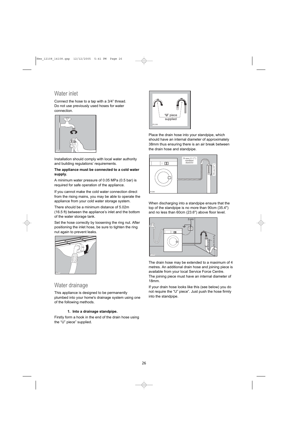 Water inlet, Water drainage | Electrolux U28190 User Manual | Page 26 / 29