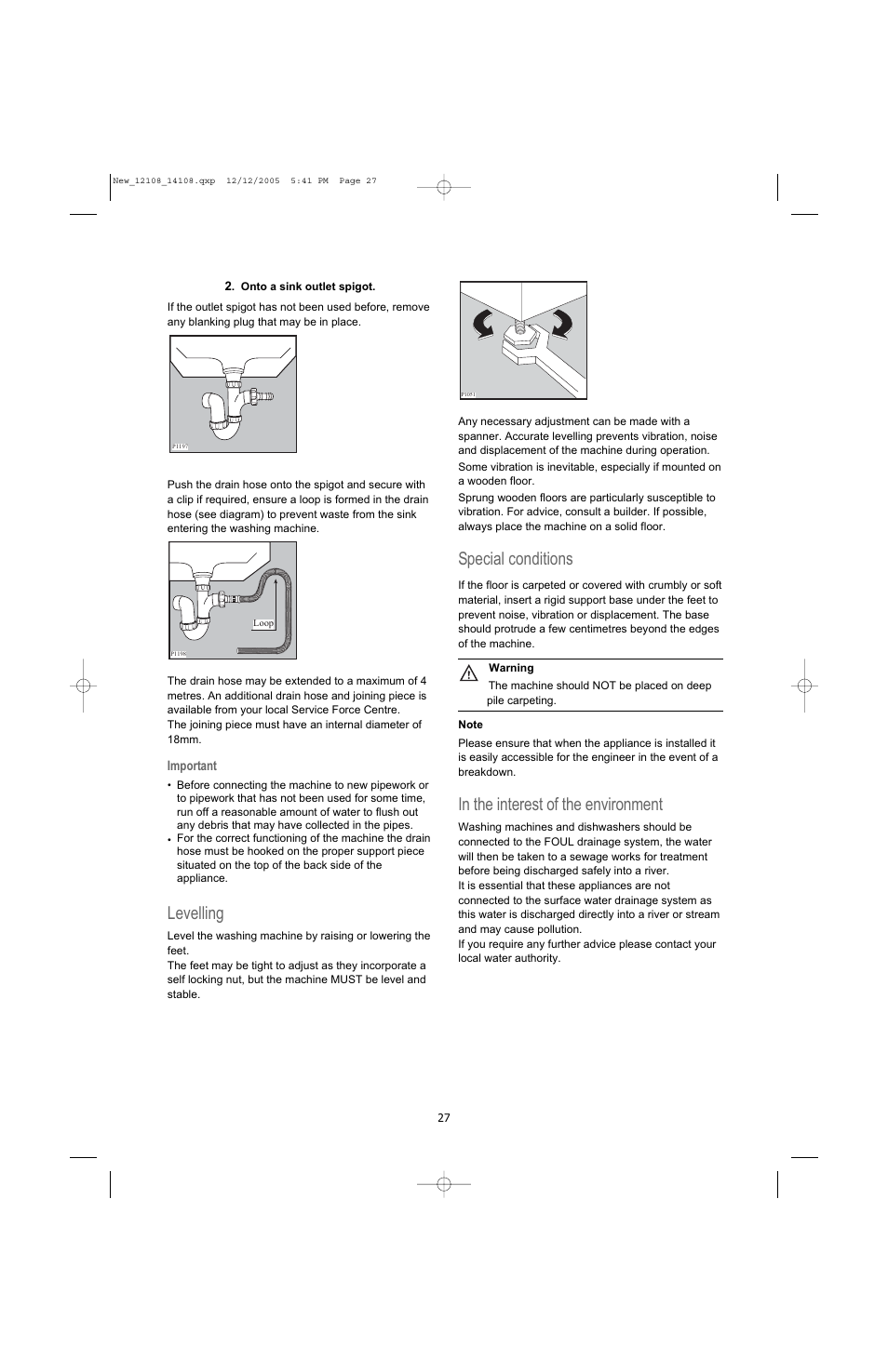 Levelling, Special conditions | Electrolux U28190 User Manual | Page 27 / 29