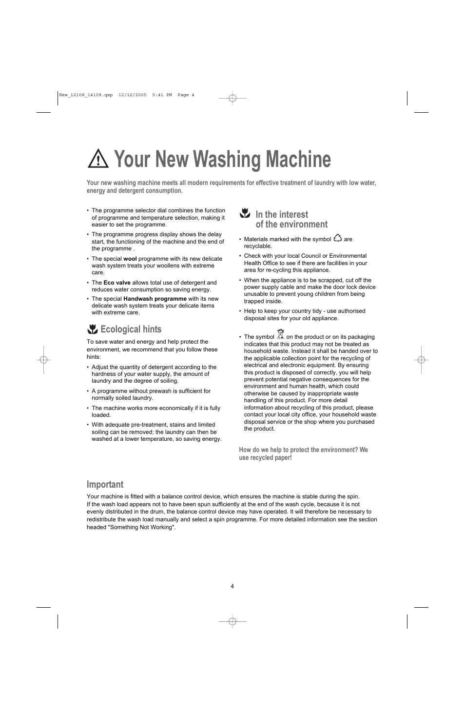 Your new washing machine, Ecological hints, Important | Electrolux U28190 User Manual | Page 4 / 29