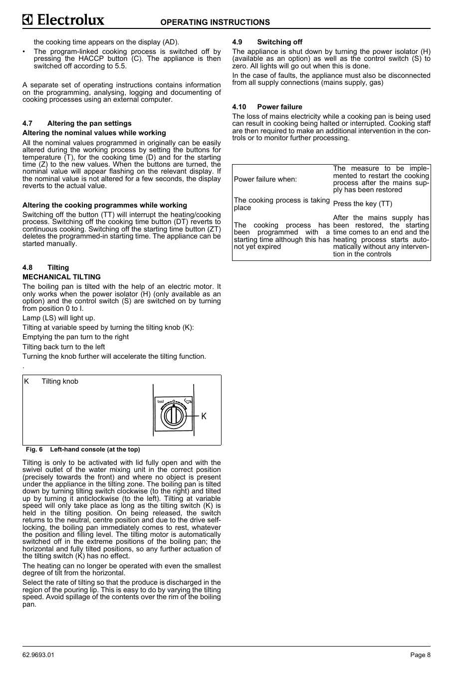 Altering the pan settings, Tilting, Switching off | Power failure | Electrolux Thermetic 583394 User Manual | Page 10 / 12