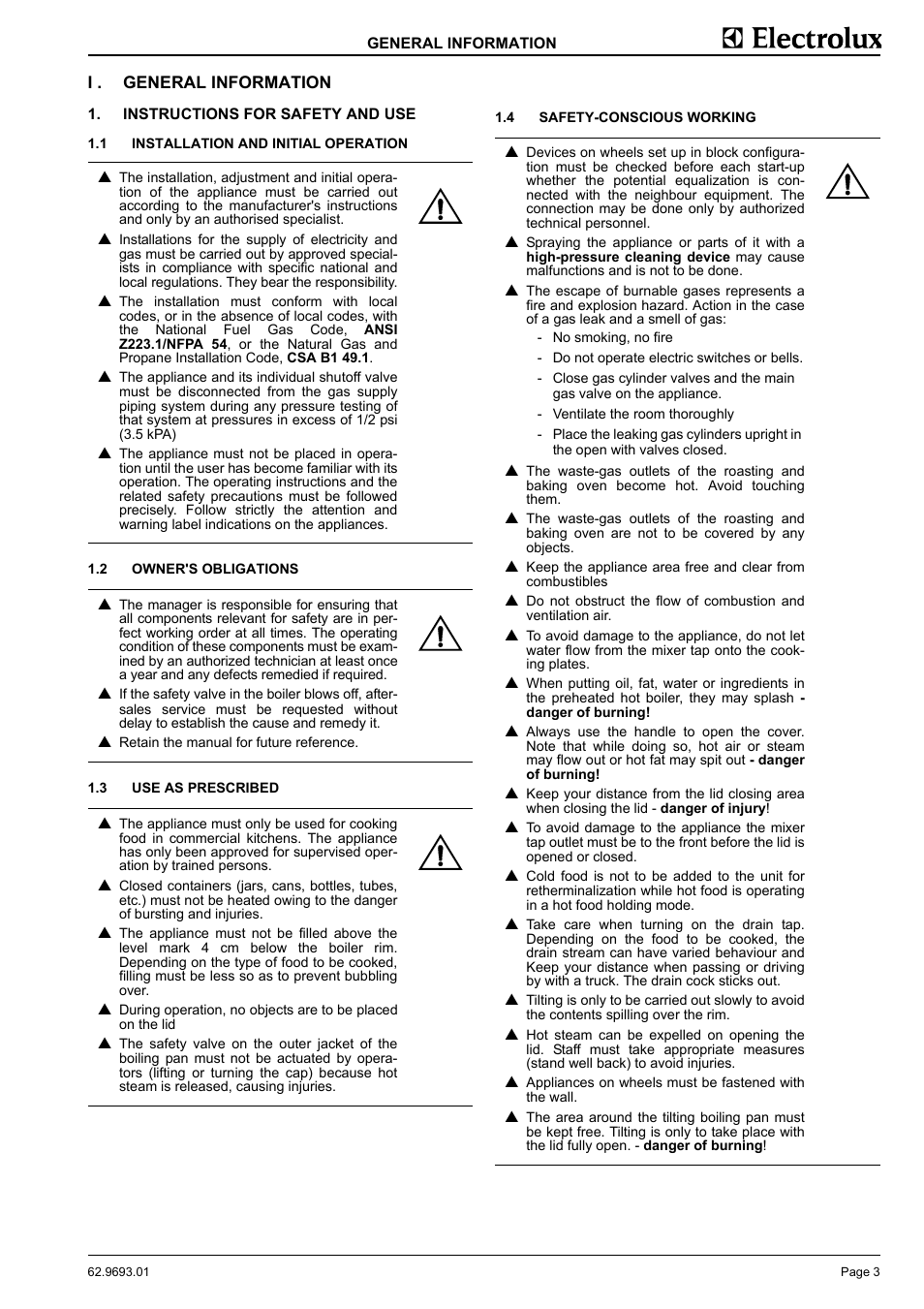 General information, Instructions for safety and use, Installation and initial operation | Owner's obligations, Use as prescribed, Safety-conscious working | Electrolux Thermetic 583394 User Manual | Page 5 / 12