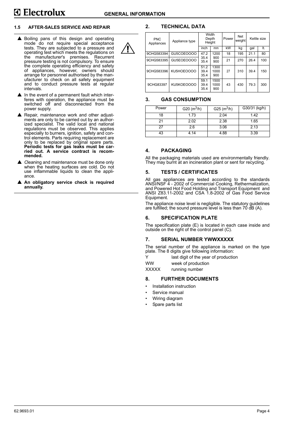 After-sales service and repair, Technical data, Gas consumption | Packaging, Tests / certificates, Specification plate, Serial number ywwxxxxx, Further documents | Electrolux Thermetic 583394 User Manual | Page 6 / 12