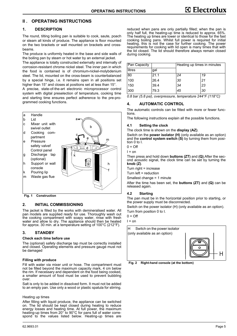 Operating instructions, Description, Initial commissioning | Standby, Automatic control, Setting the clock, Starting | Electrolux Thermetic 583394 User Manual | Page 7 / 12