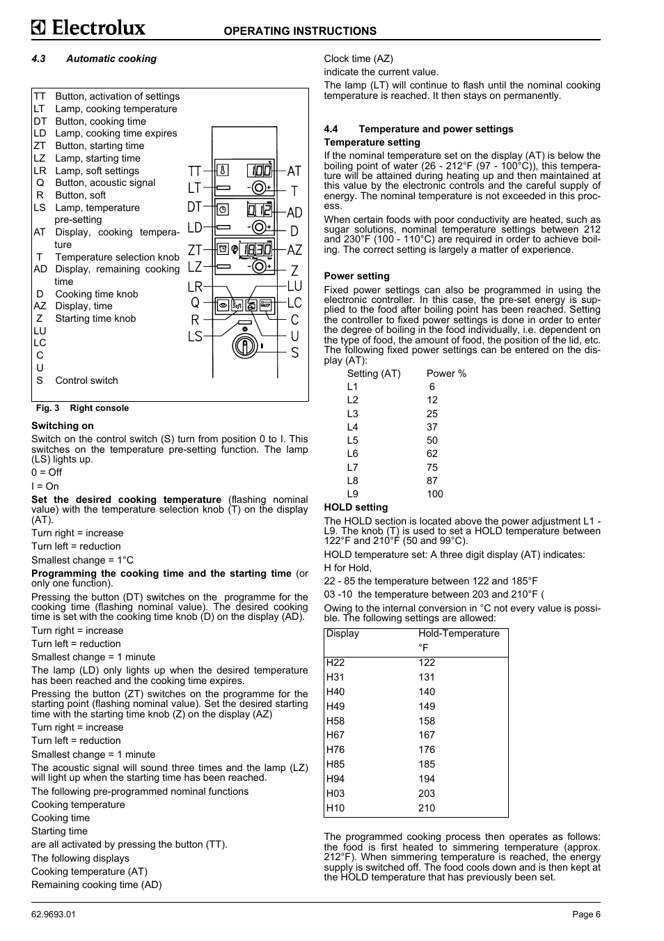 Automatic cooking, Temperature and power settings | Electrolux Thermetic 583394 User Manual | Page 8 / 12