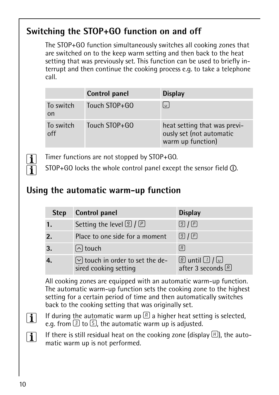 Switching the stop+go function on and off, Using the automatic warm-up function | Electrolux 68001KF-N User Manual | Page 10 / 32