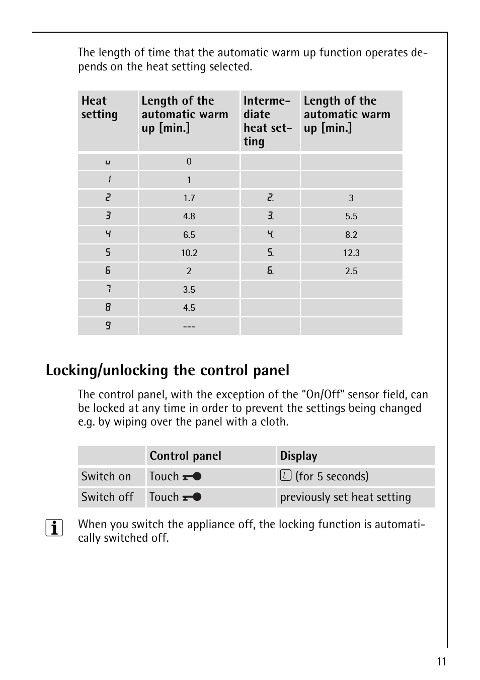 Locking/unlocking the control panel | Electrolux 68001KF-N User Manual | Page 11 / 32