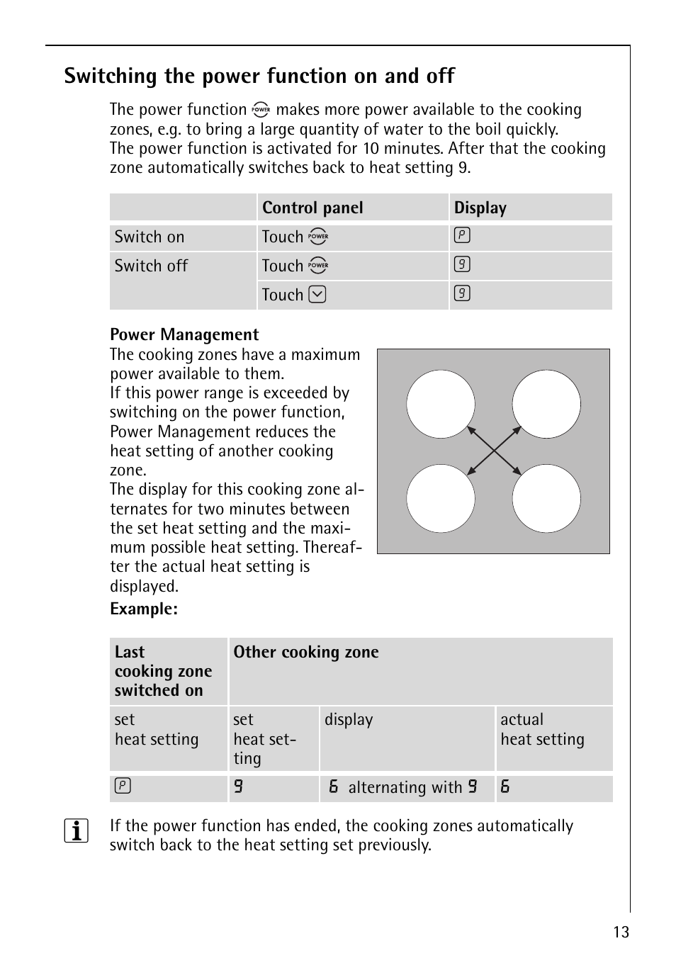 Switching the power function on and off | Electrolux 68001KF-N User Manual | Page 13 / 32