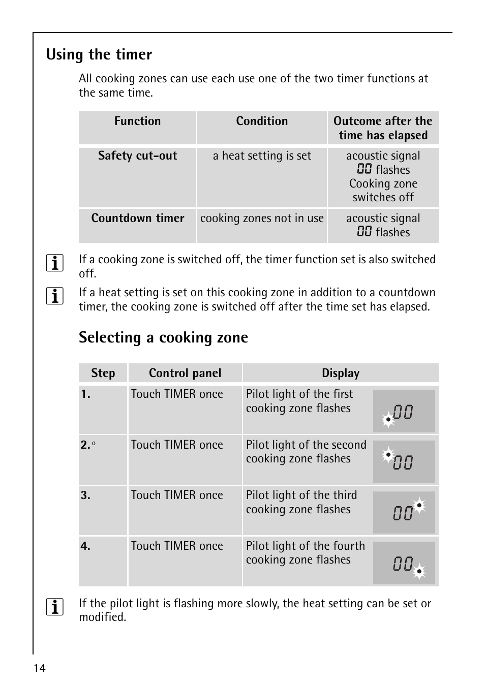 Using the timer, Selecting a cooking zone | Electrolux 68001KF-N User Manual | Page 14 / 32