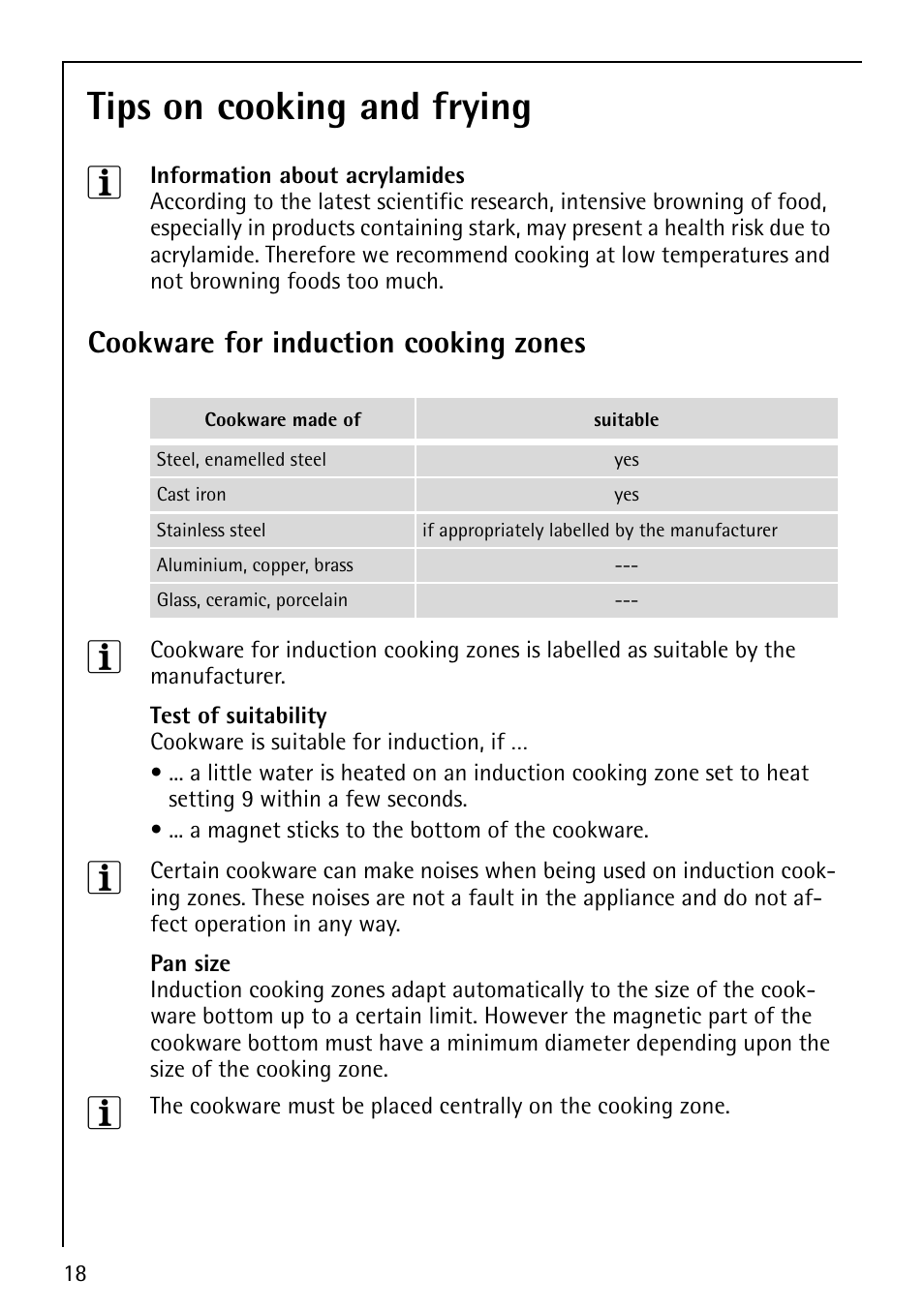 Tips on cooking and frying 3, Cookware for induction cooking zones | Electrolux 68001KF-N User Manual | Page 18 / 32